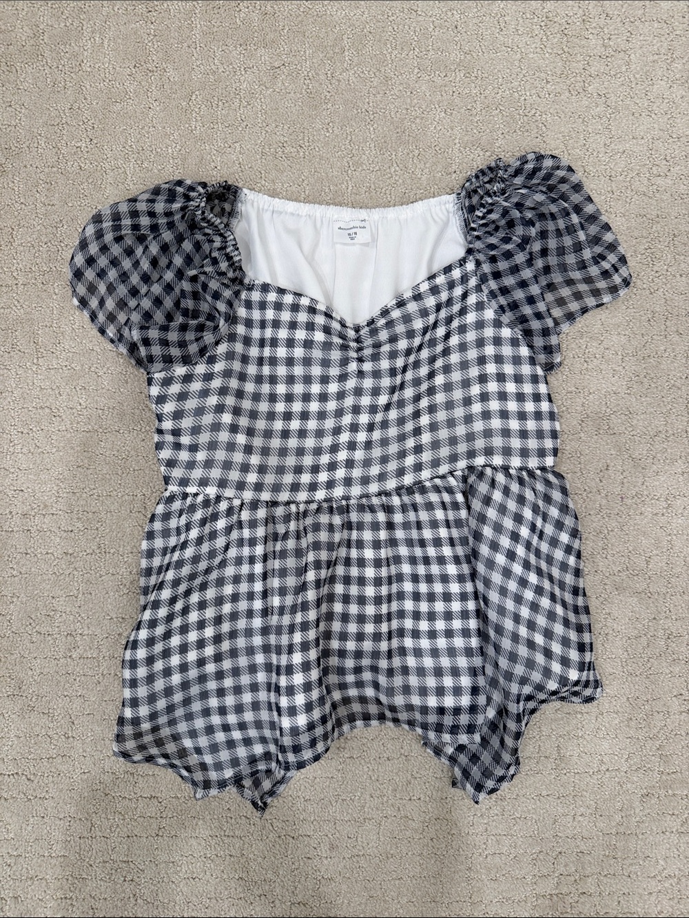 Navy & White Gingham Puff Sleeve Peplum Top